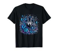 Loup Bleu avec Papillons Floral Nature Spirit T-Shirt