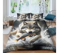 Loup Catching Poisson Parure de Lit Microfibre 3 pièces Imprimé en 3D Hypoallergique Wild Nature Art Style Housse de Couette avec Fermeture Éclair Ultra Douce for Couple Single（140x200cm）