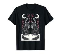 Loup céleste Hurlant Lune Floral sur Bois Art Populaire T-Shirt