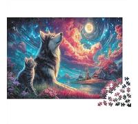 Loup Chat Ciel Nocturne Puzzle 1000 Pièces Papier pour Adultes Jeu de Puzzle en Famille Décoration Cadeau 38x26cm/1000pcs