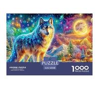 Loup coloré par Le lac sous Le Ciel étoilé Puzzle De 1000 Pièces Loup Cool Idéal pour Hommes, Femmes, Enfants Et Personnes Âgées 52x38cm/1000pcs
