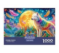 Loup coloré par Lune avec des Plumes flottantes Puzzle De 1000 Pièces Loup Cool Cadeau Parfait pour Garçons, Filles, Hommes Et Femmes 70x50cm/1000pcs