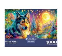 Loup coloré se Repose par la rivière, Bois Lumineux éclairés par la Lune Puzzle De 1000 Pièces Loup Cool Excellent Cadeau pour Personnes Âgées, Seniors, Adultes Et Enfants 38x26cm/1000pcs
