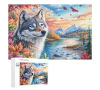 Loup dans la forêt d'automne colorée avec la rivière et Le Coucher du Soleil Puzzle 1000 Pièces pour Couples Défi Puzzle Pensée Logique Cadeau pour Célébration 1000 PCS