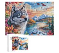 Loup dans la forêt d'automne colorée avec la rivière et Le Coucher du Soleil Puzzle 300 Pièces pour Famille Divertissement Intérieur Stratégie Et Logique Cadeau pour Soirée Familiale 300 PCS