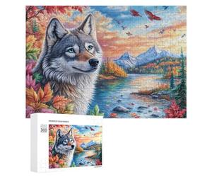 Loup dans la forêt d'automne colorée avec la rivière et Le Coucher du Soleil Puzzle 300 Pièces pour Famille Divertissement Intérieur Stratégie Et Logique Cadeau pour Soirée Familiale 300 PCS