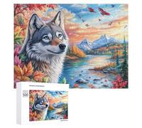 Loup dans la forêt d'automne colorée avec la rivière et Le Coucher du Soleil Puzzle 500 Pièces pour Adolescents 14+ Jeu De Réflexion Analyse Et Logique Cadeau pour Jeunes 500 PCS