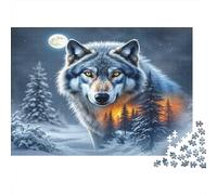 Loup dans la Neige au Clair de Lune - Puzzle 1000 pièces - Loup coloré à Double Exposition - Défi Impossible - Activité à la Maison - 70 x 50 cm