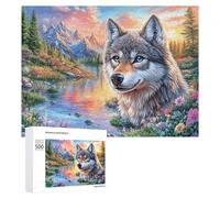 Loup dans Les Feuilles d'automne avec la rivière, la Montagne et Les Oiseaux Puzzle 500 Pièces pour Seniors Temps Libre Intérieur Entraînement Mémoire Cadeau pour Retraite 500 PCS