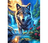 Loup dans une forêt de cascades sous la lune 500 Pièces Puzzle Créatif En Carton Anti-Déchirure Haute Densité Rêve magique de science-fiction Difficulté Moyenne Activité Manuelle Loisir Créatif Cadeau
