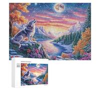 Loup derrière Arbre par lac avec des Pics enneigés Puzzle 300 Pièces pour Adultes Jeu Relaxant du Soir Amélioration De La Concentration Cadeau pour Soirée 300 PCS