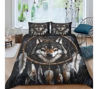 Loup Dreamcatcher Ensemble De Literie Microfibre 3 Pièces Imprimé en 3D Super Douce Native American Art Parure de Lit avec Fermeture Éclair Résistante for Chambre à Coucher King（220x240cm）
