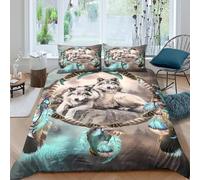 Loup Dreamcatcher Linge de Lit Microfibre Hypoallergique 3 pièces 3D Imprimée Résistante Native American Art Parure de Lit avec 2 Taies d'oreiller Léger for Chambre Adulte Double（200x200cm）