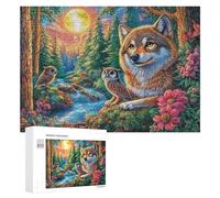 Loup et hiboux sur Mur de Pierre dans la forêt Puzzle 300 Pièces pour Adultes Moment Calme Entraînement Mental Cadeau pour Quotidien 300 PCS