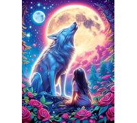 Loup et Jeune Fille sous Pleine Lune Puzzles 1000 Pièces pour Adultes Difficile Artistique Educa Relaxation Jeu De Réflexion Décoration Intérieure Famille 1000 PCS