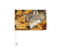 Loup gris endormi feuilles d'automne drapeau de voiture extérieur fenêtre clip 30 x 45 cm double face décoration de voiture