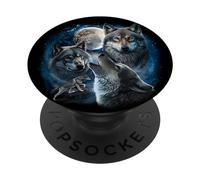 Loup gris sous la pleine lune, espace, galaxie et étoiles PopSockets PopGrip Adhésif