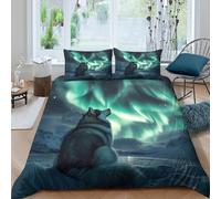 Loup howling Housse de Couette Facile d'entretien Microfibre 3 Pièces 3D Imprimée Northern lights scène Linge de Lit avec Fermeture Éclair Respirante for Adulte Enfants Filles Single（135x200cm）