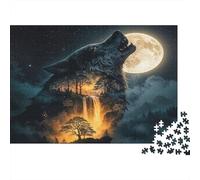 Loup Hurlant à la Lune, Puzzle Double Exposition de 1000 pièces, illustré avec Soin, pour Adultes et Enfants, 52 x 38 cm.