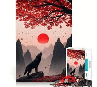 Loup Hurlant sous Un Soleil Rouge et Un Arbre Puzzle Adulte 1000 pièces Jeu de mémoire Découpe de Haute précision Activité Manuelle Exercice Mental Calme à Faire à la Maison (50x75cm)