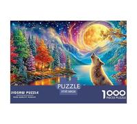 Loup hurle par Le lac avec Pleine Lune Brillante Puzzle De 1000 Pièces Loup Cool Carton Recyclé, Jeu De Jeu d'esprit 38x26cm/1000pcs