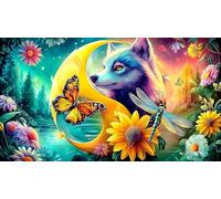 Loup-in-Moonlight-with-Tropical-Flowers Puzzle pour Adultes: 1000 Pièces en Carton Recyclé - Décoration 38x52cm/1000pcs