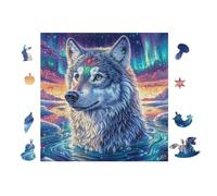 Loup in Northern Lights Forêt 100 Pieces Casse-tête Adulte en Carton sans Déformation Très Difficile Haute Difficulté Anti-Stress Décoration Murale Cadeau Noël Pas Cher 28x28cm