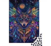 Loup Mystique Puzzle 1000 Pièces Jeu de Puzzle 1000 Pièces Plumes Colorées Nuit Décor Maison 52x38cm/1000pcs