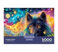 Loup Noir, Yeux de feu, Ciel Cosmique et Ville Puzzle De 1000 Pièces Loup Cool Idéal pour Hommes, Femmes, Enfants Et Personnes Âgées 52x38cm/1000pcs