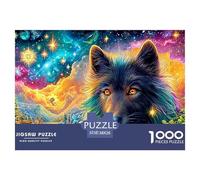 Loup Noir, Yeux de feu, Ciel Cosmique et Ville Puzzle De 1000 Pièces Loup Cool Jeu De Puzzle Familial pour Toutes Les Âges 38x26cm/1000pcs