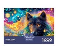 Loup Noir, Yeux de feu, Ciel Cosmique et Ville Puzzle De 1000 Pièces Loup Cool Qualité Premium, Excellent Jeu pour Adultes Et Enfants 70x50cm/1000pcs