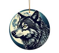 Loup Nuit Lune Imprimée Ornements Rond Plat à Suspendre pour Noël Hiver Nouvel An Fête Décorations à Suspendre