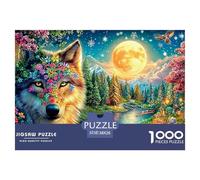 Loup orné de Fleurs sous la Lune Brillante Puzzle De 1000 Pièces Loup Cool Élément Essentiel pour Les Soirées De Jeux en Famille, Adultes Et Enfants 38x26cm/1000pcs