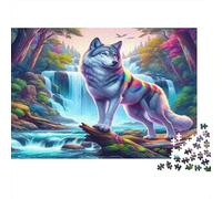 Loup Papier Lourd Loup Debout près d’Une Cascade dans Une forêt Puzzle Activité relaxante pour débutants 70x50cm/1000 pièces