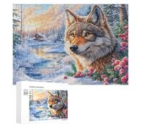 Loup par l'eau avec des Fleurs de Coucher de Soleil colorées Puzzle 300 Pièces pour Couples Collaboration À Domicile Pensée Stratégique Cadeau pour Romance 300 PCS