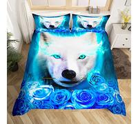 Loup Parure de Lit 140x200cm pour Garçons Luxe Bleu Rose Fleurs Ensembles de Housse de Couette Teal Flamme Loup Housse de Couette Faune Chambre Décor Horreur Safari Animal Collection 2 pièces