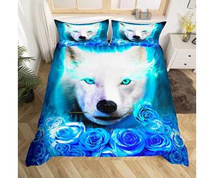 Loup Parure de Lit 140x200cm pour Garçons Luxe Bleu Rose Fleurs Ensembles de Housse de Couette Teal Flamme Loup Housse de Couette Faune Chambre Décor Horreur Safari Animal Collection 2 pièces