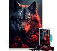 Loup Puissant dans Une Rose Rouge Puzzle de 1000 Pièces Jeu de Réflexion Découpe de Haute Précision Passe-Temps Fascinant pour Les Moments de Détente (38x52cm)