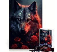 Loup Puissant dans Une Rose Rouge Puzzle de 1000 Pièces pour Adolescents Entraînement à la Réflexion et à la Pleine Conscience Évasion Bords Définis Cadeau de Saison (38x52cm)