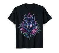 Loup Rose Fleurs Graphique Amoureux des Animaux Polygones Art Loup T-Shirt