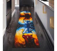 Loup Rouge et Bleu Flamme Tapis de Couloir Long 60 x 180 cm, Animaux Huile sur Toile Tapis Cuisine Devant Evier Antidérapant Lavable, Carpet pour Salon Chambre à Coucher Descente de lit Interieur