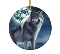 Loup sous la lune Décorations de Noël 2023 de forme ronde pour sapin de Noël à suspendre en céramique Cadeau Ornement Décorations pour sapin de Noël