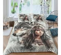 Loup Spirit Housse de Couette résistante 3 pièces 3D Imprimée Léger Native American Art Style Ensemble De Literie avec Taie d'oreiller Entretien Facile for Adultes Enfants Super King（260x220cm）