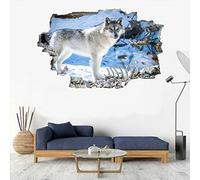 Loup Sticker Mural 3D Animal Stickers Muraux Smashed Art Imperméable Neige Tatouage Mural En Vinyle Pour Enfants Chambre Salon Salle De Jeux Bébé Pépinière Décor À La Maison 75x113cm