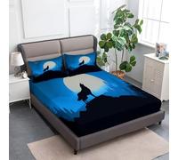 Loup sur Un Rocher Fantastique Drap-Housse Imprimé Bleu, Parure De Lit Imprimé 140 x 200 cm, avec Deux Taies d'oreiller 65x65cm Beige Poche de 30 cm - Antidérapants Résistant aux Rides Drap Housse