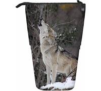 Loup Télescopique Crayon Papeterie Boîte De Rangement Stylos Avec Fermeture Éclair pour Femmes Hommes Garçons Filles Neige Hurlant Fourrure Nature Branche Bois Sauvage Seul Feuillage Corps Prédateur