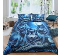 Loup Trio Linge de Lit Confortable Microfibre Hypoallergique 3 pièces Fantaisie forêt Art Ensemble De Literie avec 2 x Taies d'oreiller Super Douce for Décoration de Chambre Single（140x200cm）