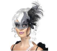 Loup vénitien ange noir avec grande plume noir adulte