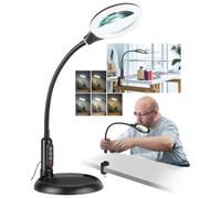 Loupe 10x avec lumière et support, LED 5 modes de couleur, luminosité à intensité variable en continu, loupe éclairée, mains libres, lampe de bureau flexible col de cygne avec pince pour travaux de