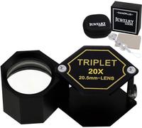 Loupe 20x Bijoux Loupe Triplet Lentille 20.5mm Verre Optique Loupe de Poche pour Bijoutier, Philatéliste, Monnaie numismatique, Achromatique Noir Hexagonal Design Kit Set